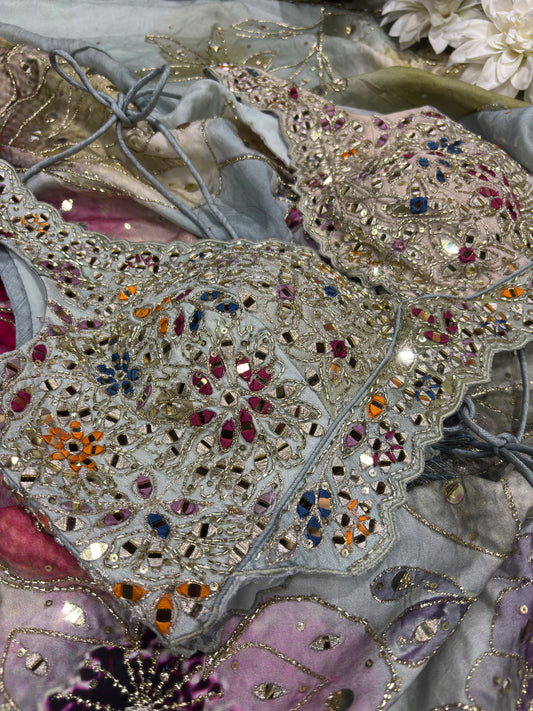 Pastel Grey Saree with Floral Print & Mirror Work Designer Blouse