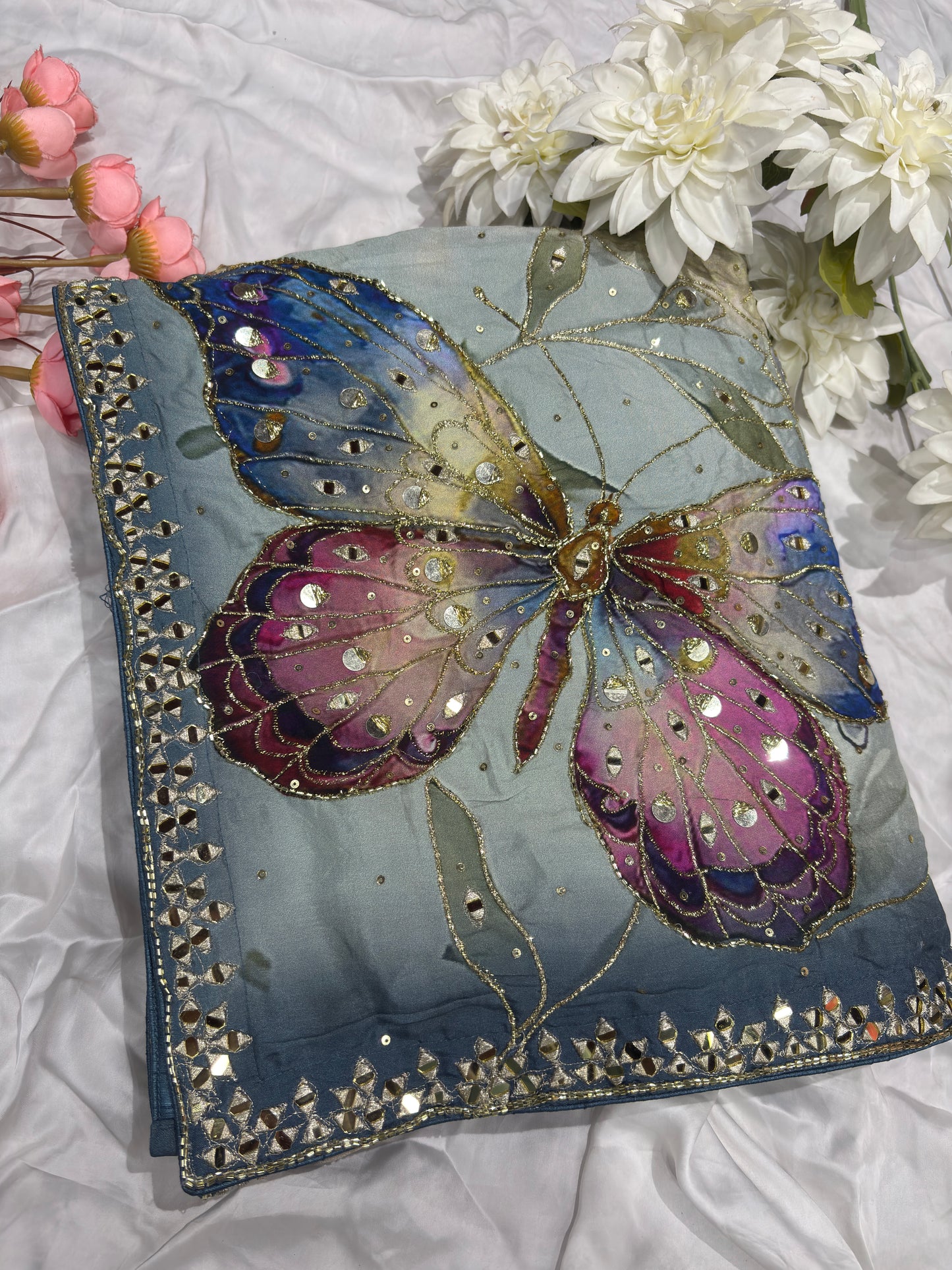 Pastel Grey Saree with Floral Print & Mirror Work Designer Blouse