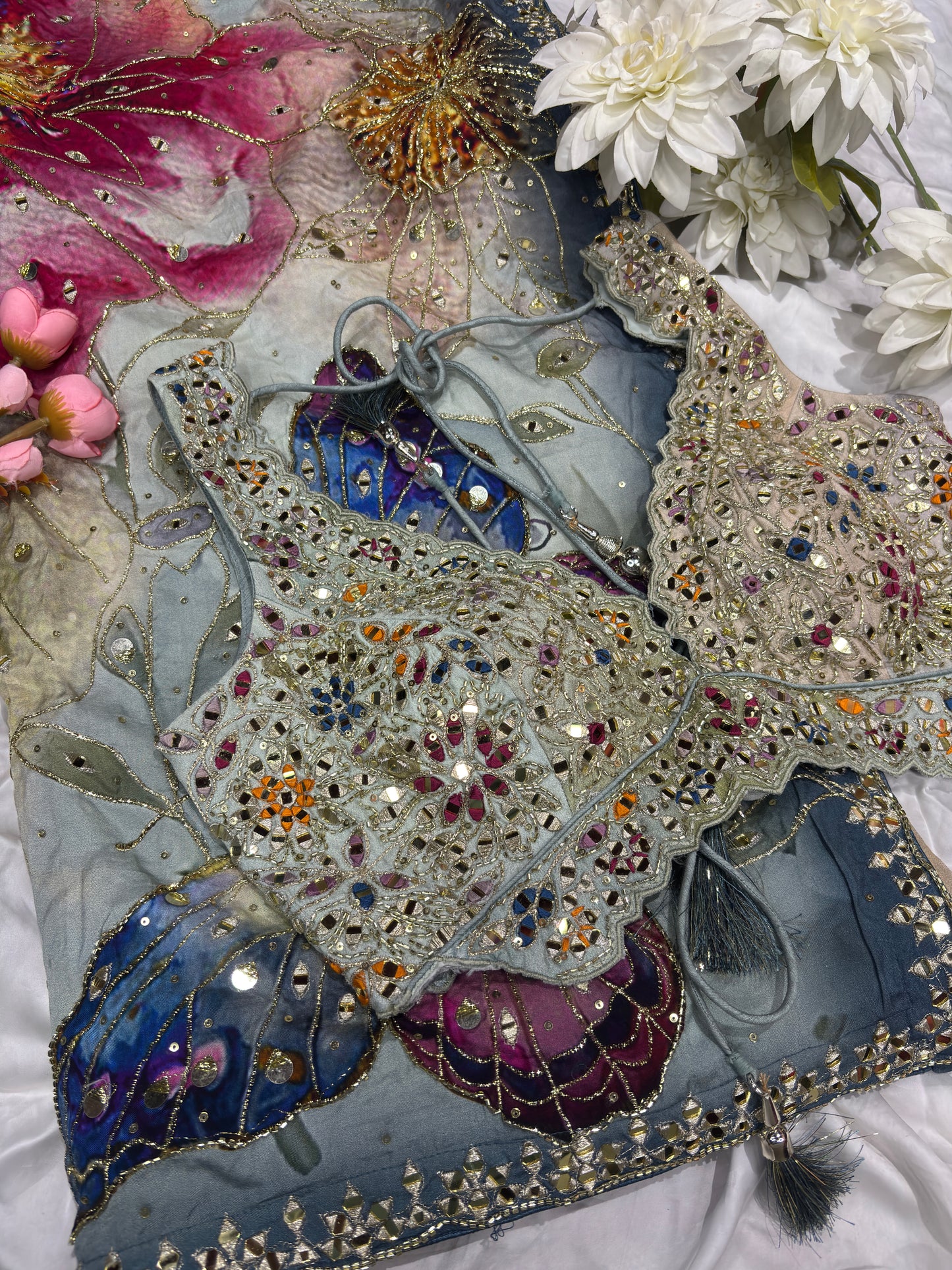 Pastel Grey Saree with Floral Print & Mirror Work Designer Blouse