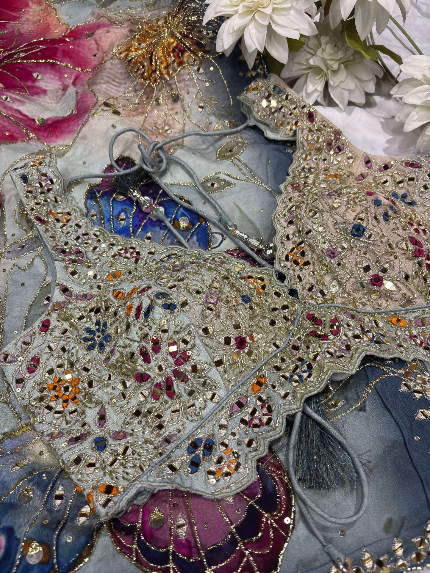 Pastel Grey Saree with Floral Print & Mirror Work Designer Blouse