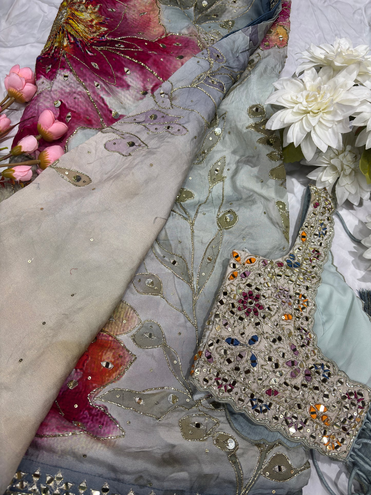 Pastel Grey Saree with Floral Print & Mirror Work Designer Blouse