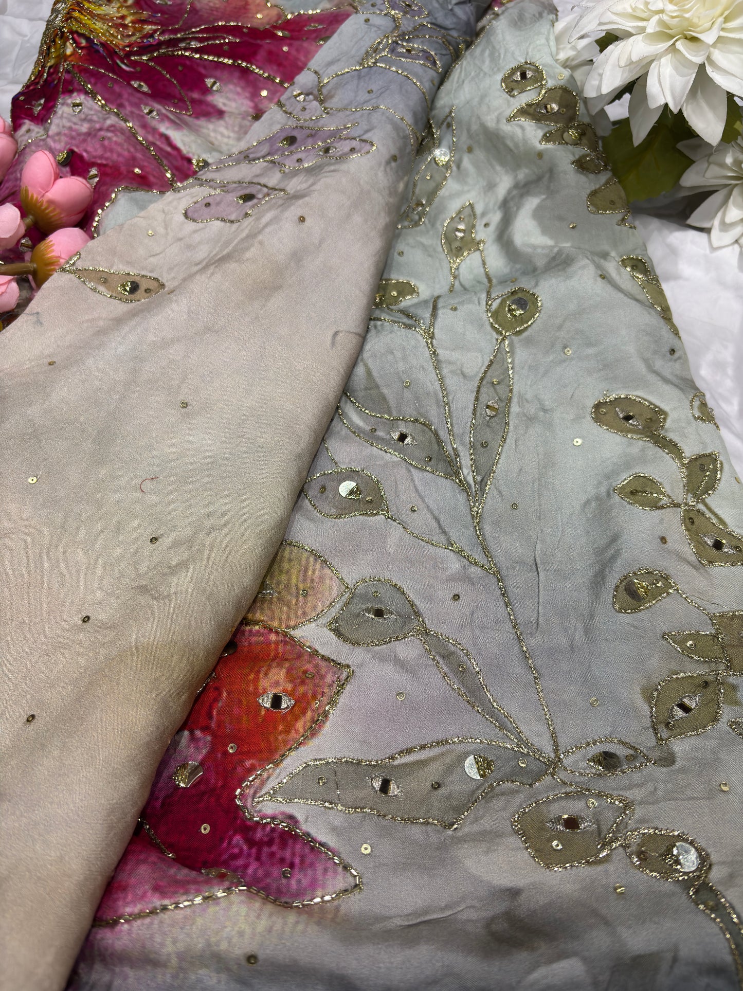 Pastel Grey Saree with Floral Print & Mirror Work Designer Blouse