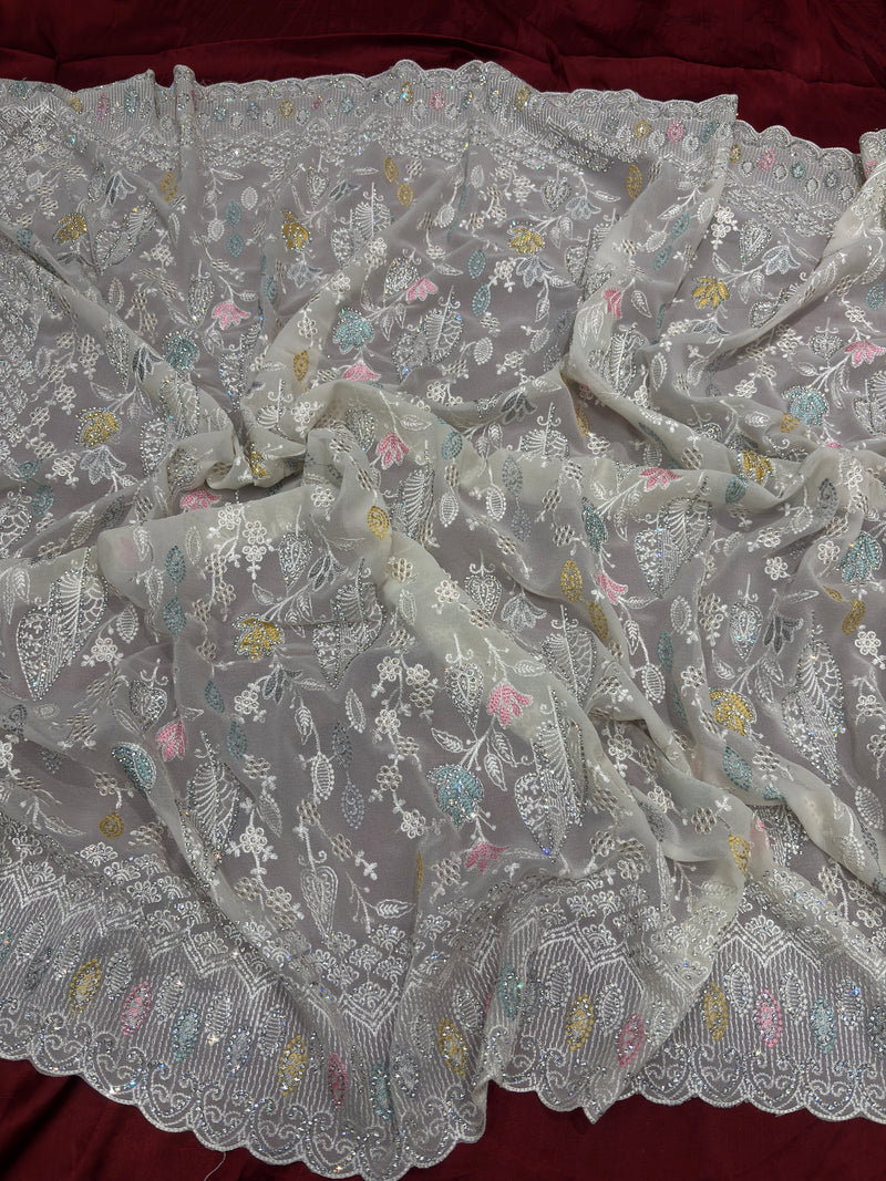 Ivory Saree with Multicolor Floral Embroidery & Sequin Work