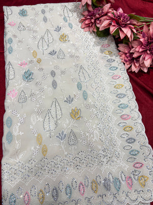 Ivory Saree with Multicolor Floral Embroidery & Sequin Work