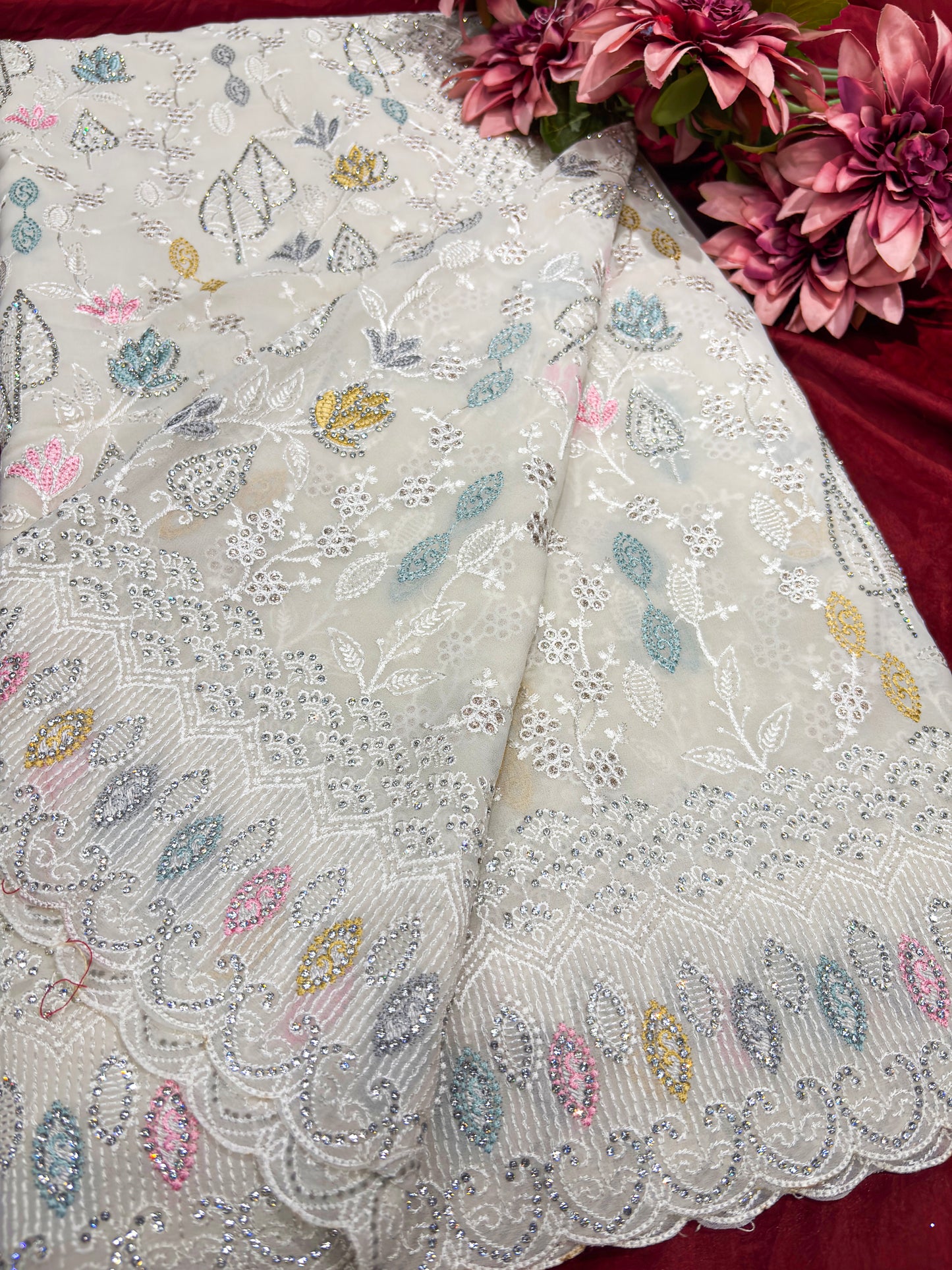 Ivory Saree with Multicolor Floral Embroidery & Sequin Work