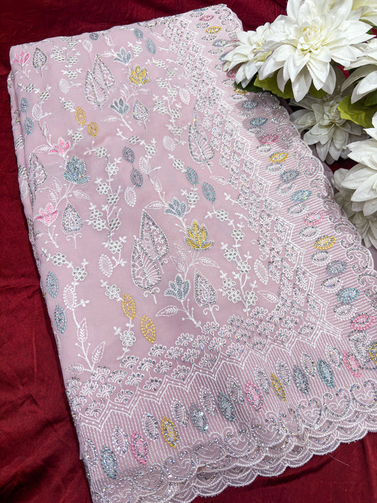 Blush Pink Saree with Multicolor Floral Embroidery & Sequin Work