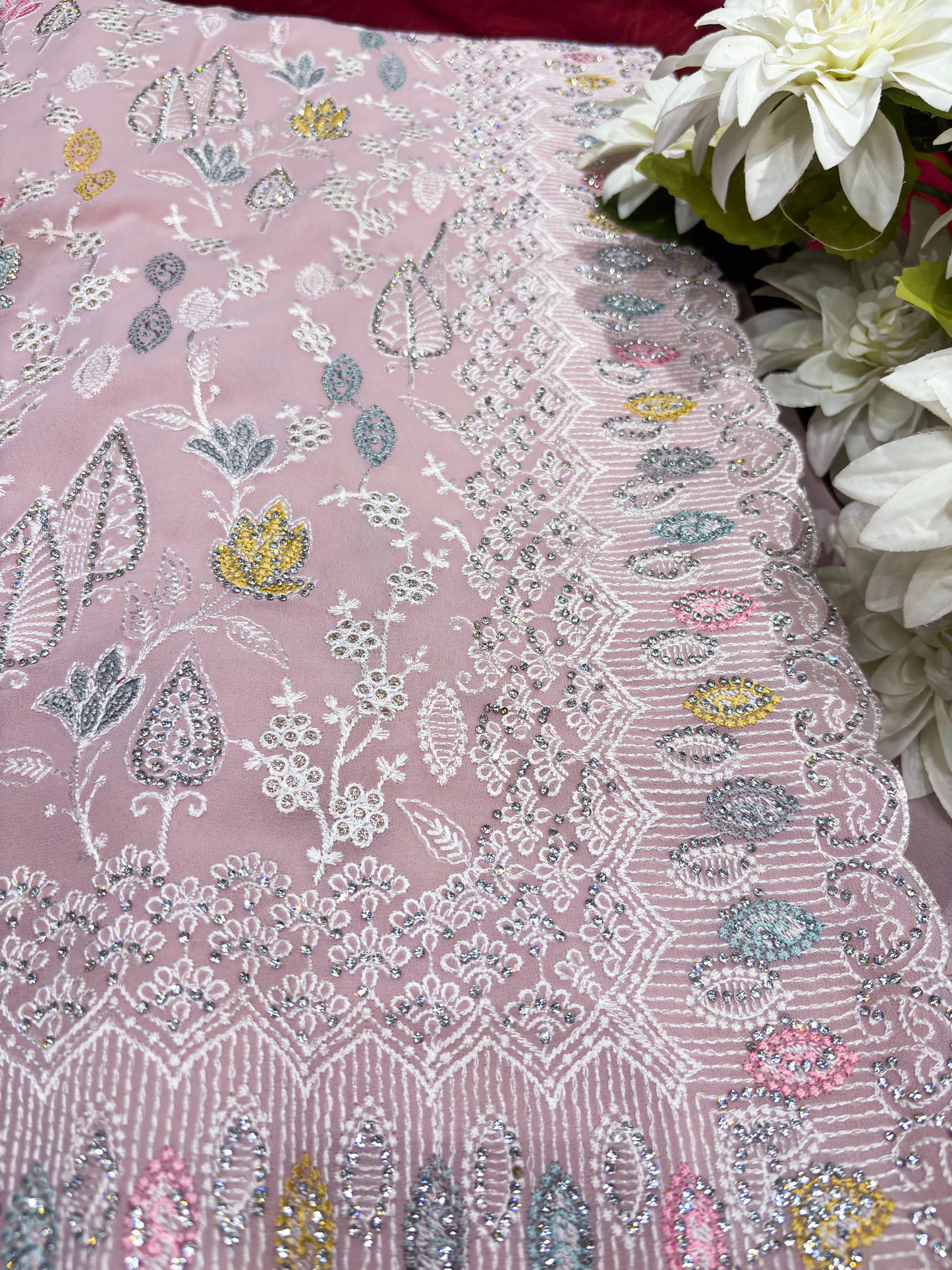 Blush Pink Saree with Multicolor Floral Embroidery & Sequin Work