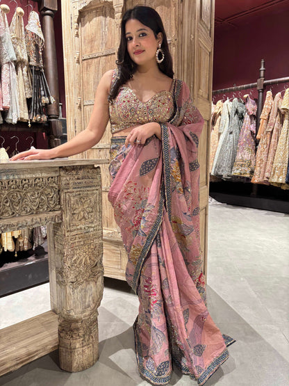 Dusty Rose Saree with Floral Embroidery & Designer Blouse