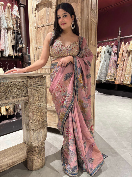 Dusty Rose Saree with Floral Embroidery & Designer Blouse