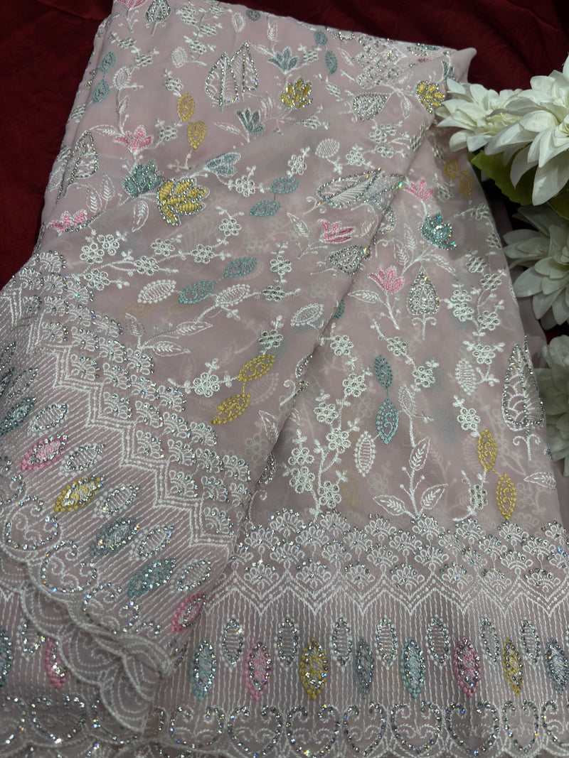Blush Pink Saree with Multicolor Floral Embroidery & Sequin Work