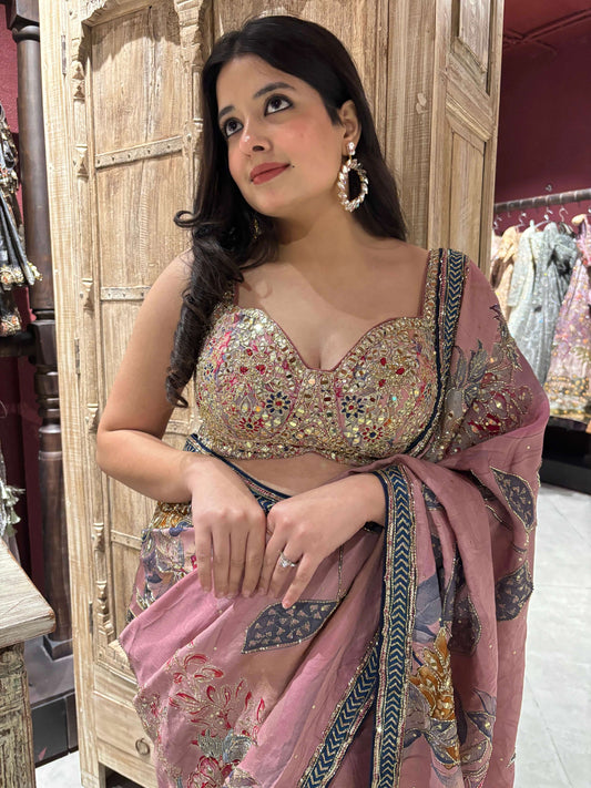 Dusty Rose Saree with Floral Embroidery & Designer Blouse