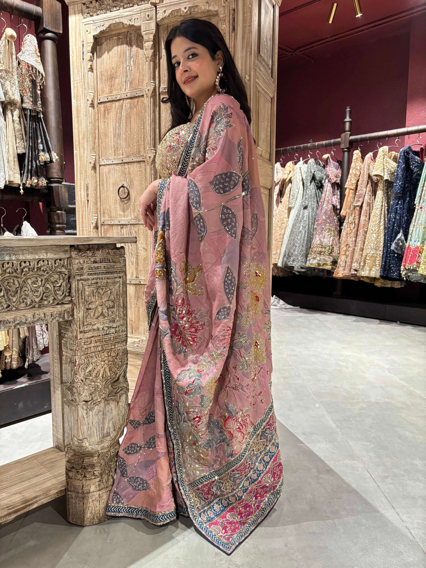 Dusty Rose Saree with Floral Embroidery & Designer Blouse