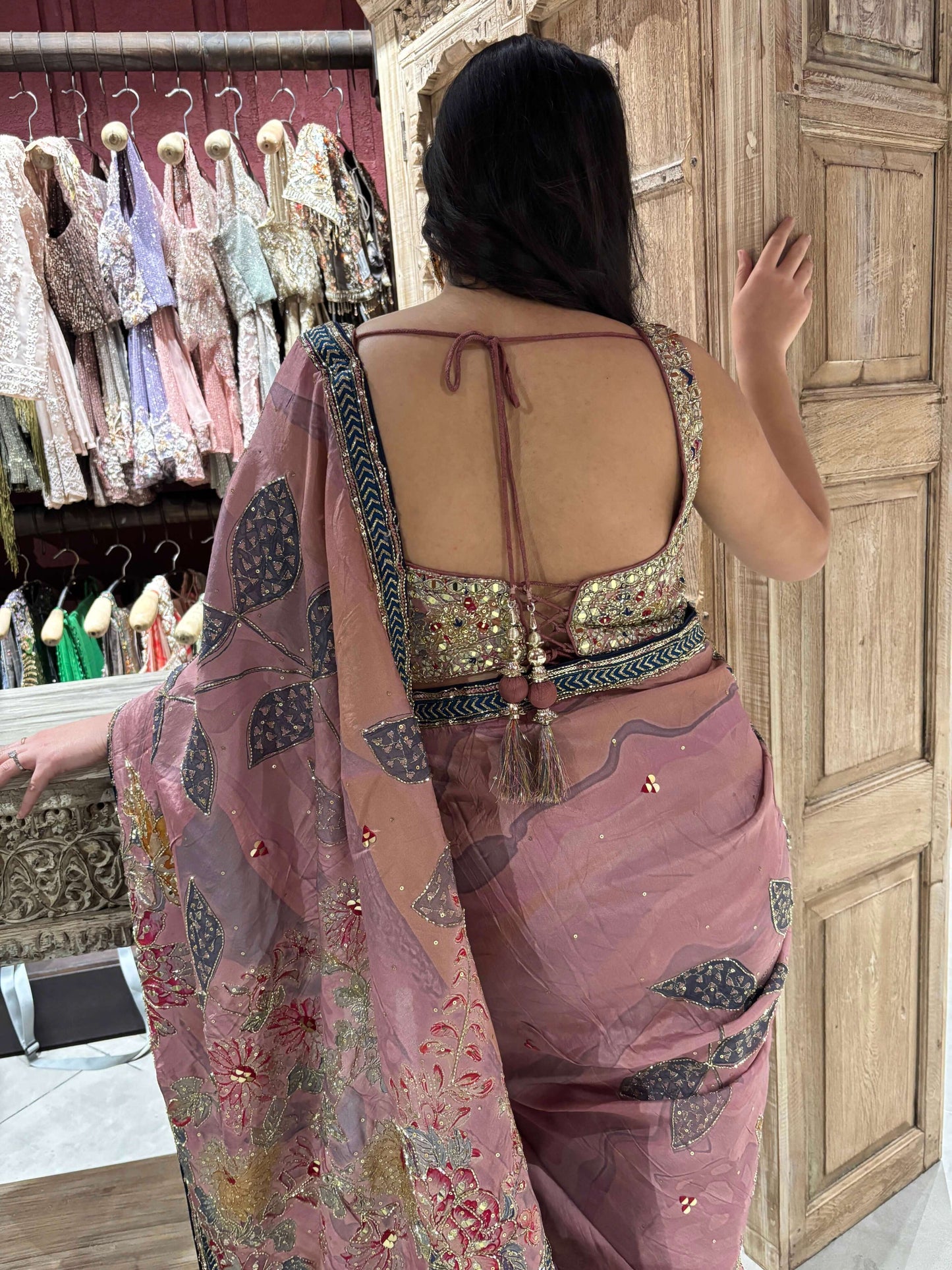 Dusty Rose Saree with Floral Embroidery & Designer Blouse