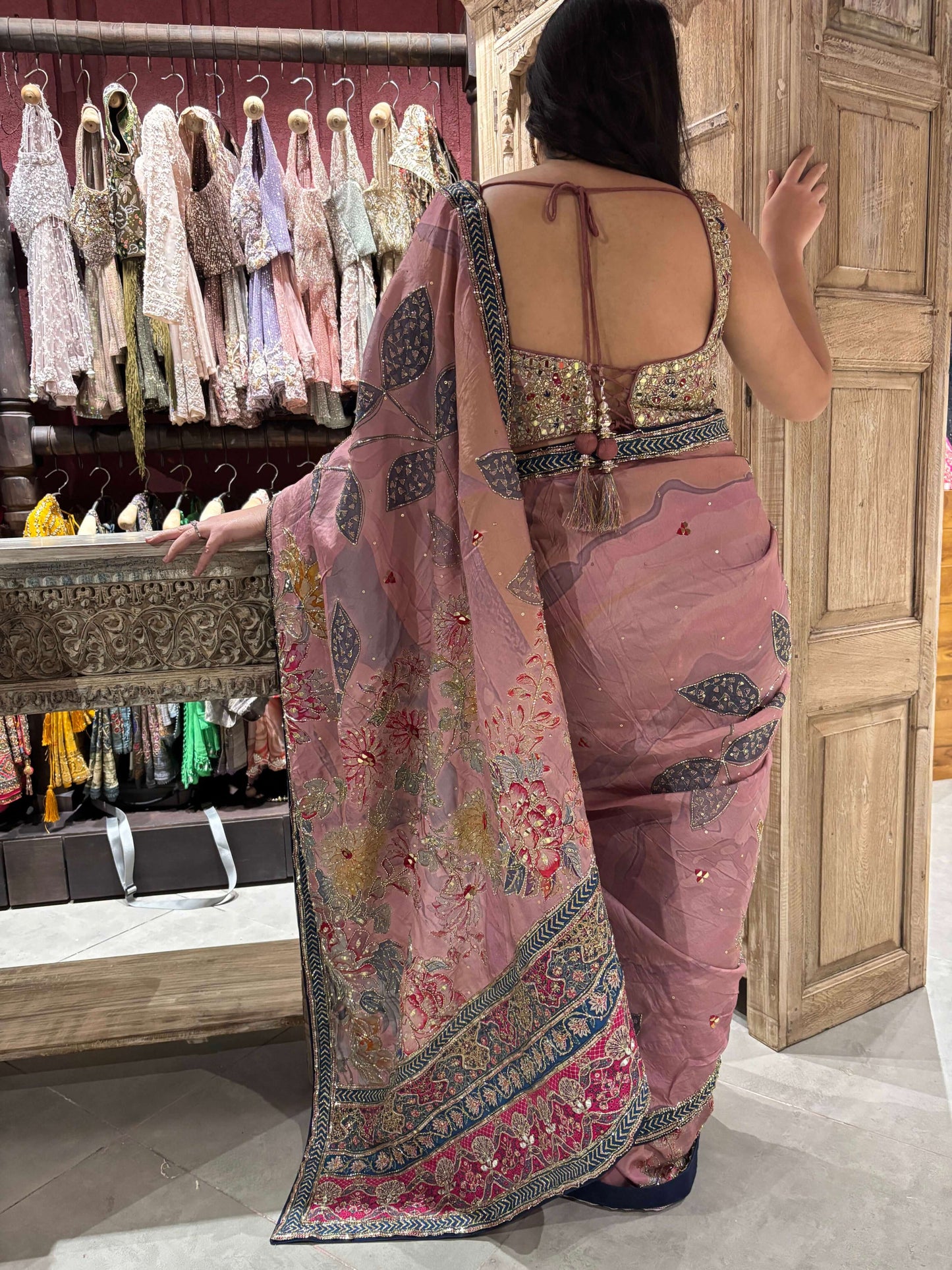 Dusty Rose Saree with Floral Embroidery & Designer Blouse