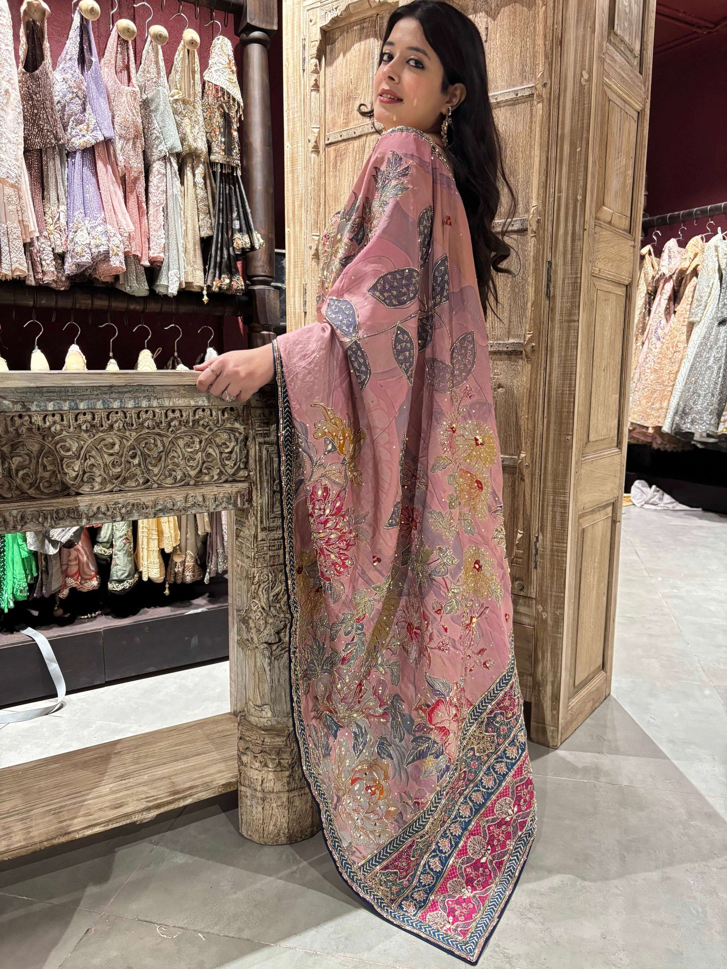 Dusty Rose Saree with Floral Embroidery & Designer Blouse