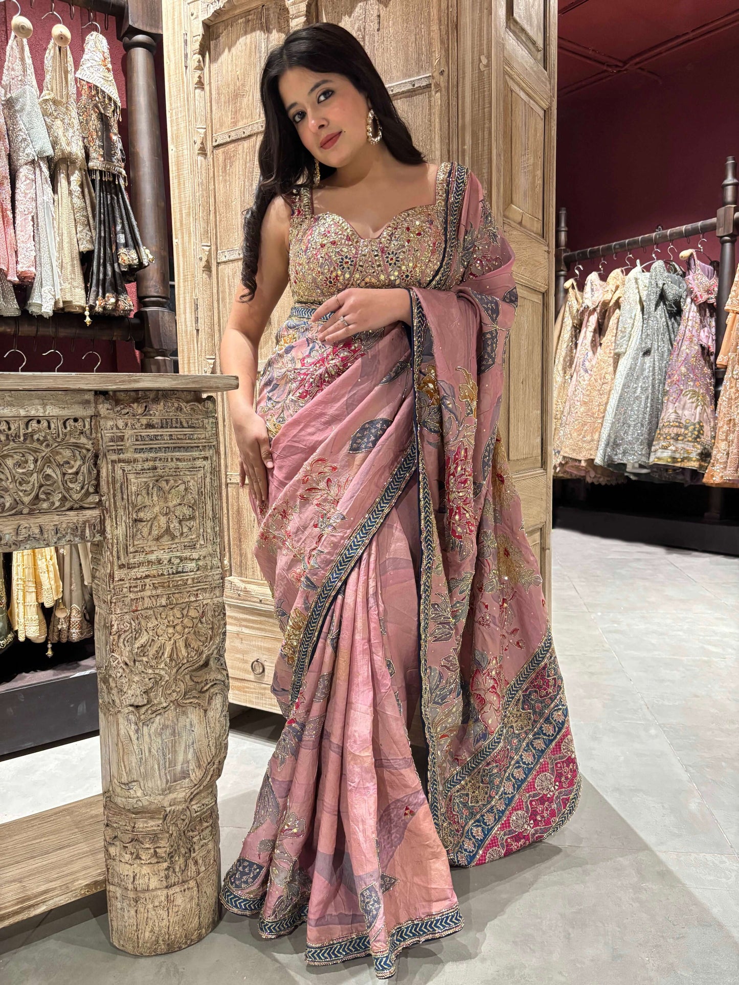 Dusty Rose Saree with Floral Embroidery & Designer Blouse