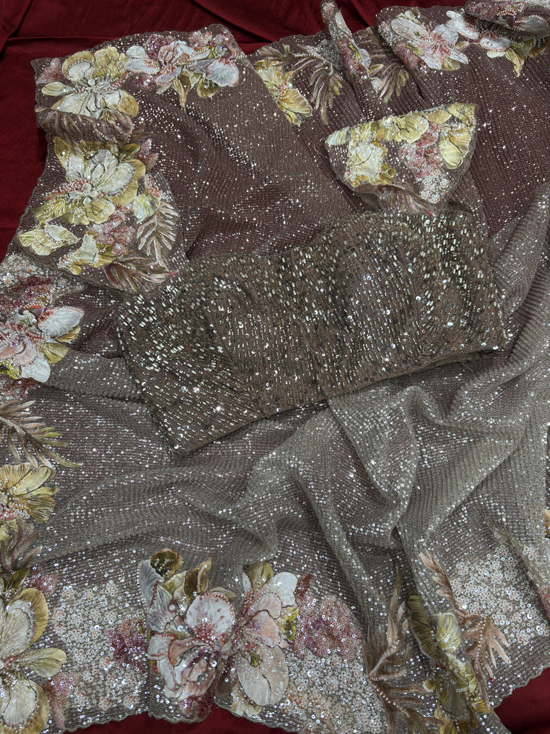 Champagne Sequin Saree with 3D Floral Embroidery & Designer Blouse