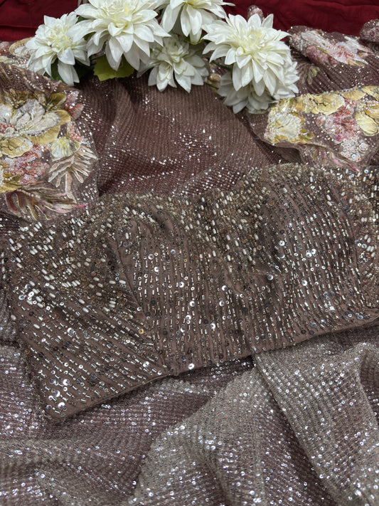 Champagne Sequin Saree with 3D Floral Embroidery & Designer Blouse