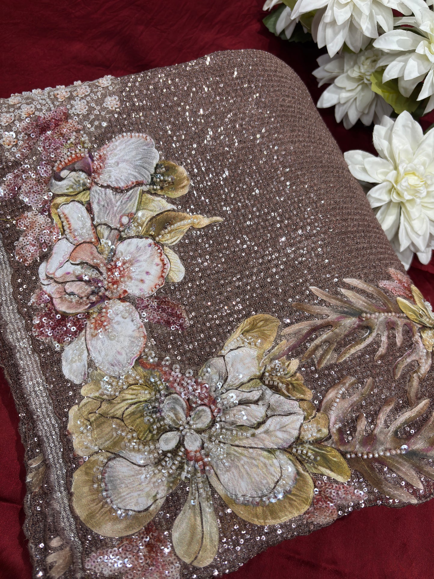 Champagne Sequin Saree with 3D Floral Embroidery & Designer Blouse