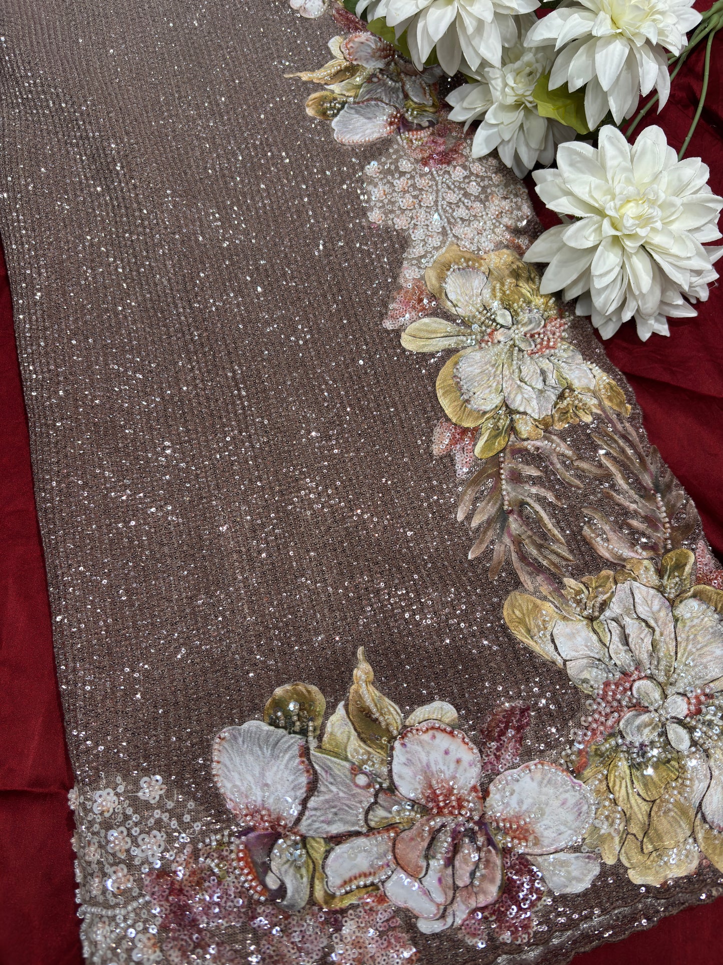 Champagne Sequin Saree with 3D Floral Embroidery & Designer Blouse