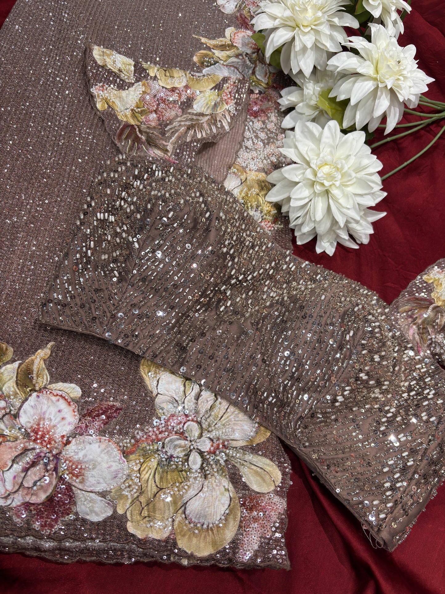 Champagne Sequin Saree with 3D Floral Embroidery & Designer Blouse