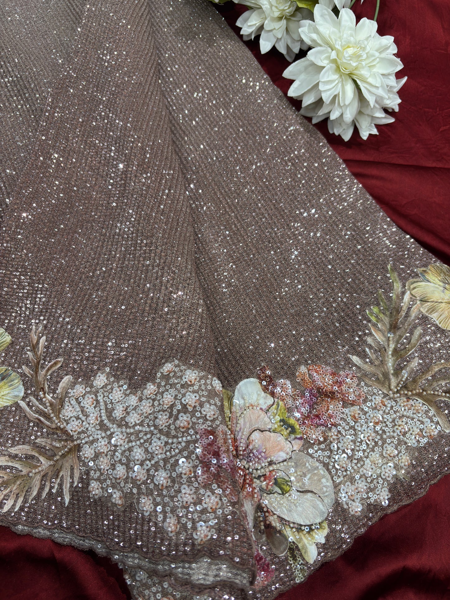 Champagne Sequin Saree with 3D Floral Embroidery & Designer Blouse