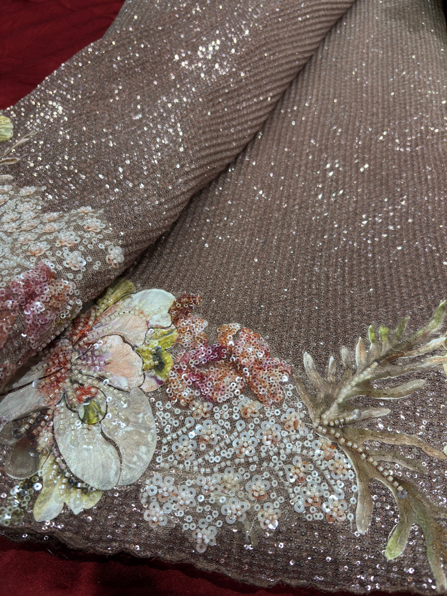 Champagne Sequin Saree with 3D Floral Embroidery & Designer Blouse