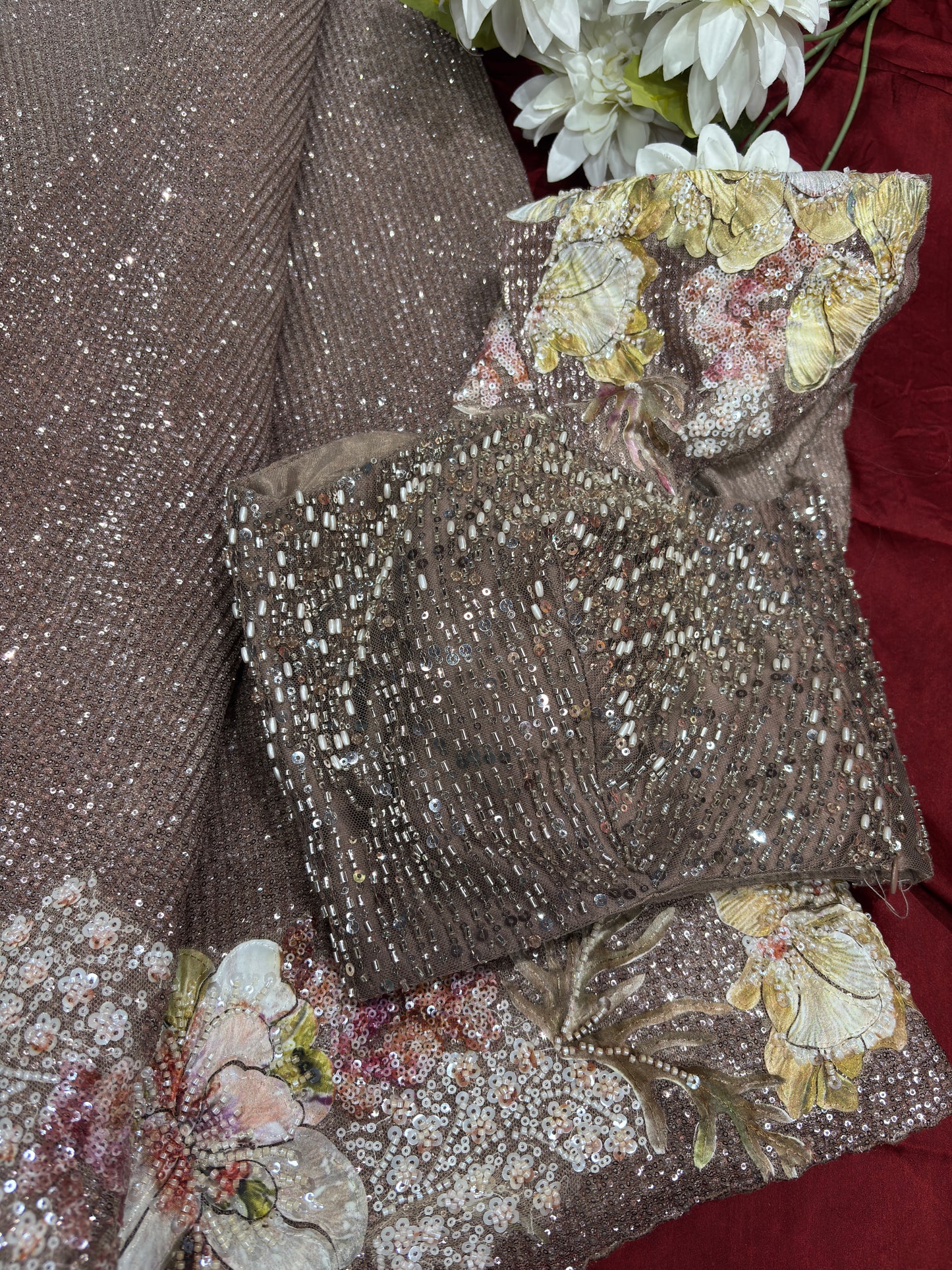 Champagne Sequin Saree with 3D Floral Embroidery & Designer Blouse