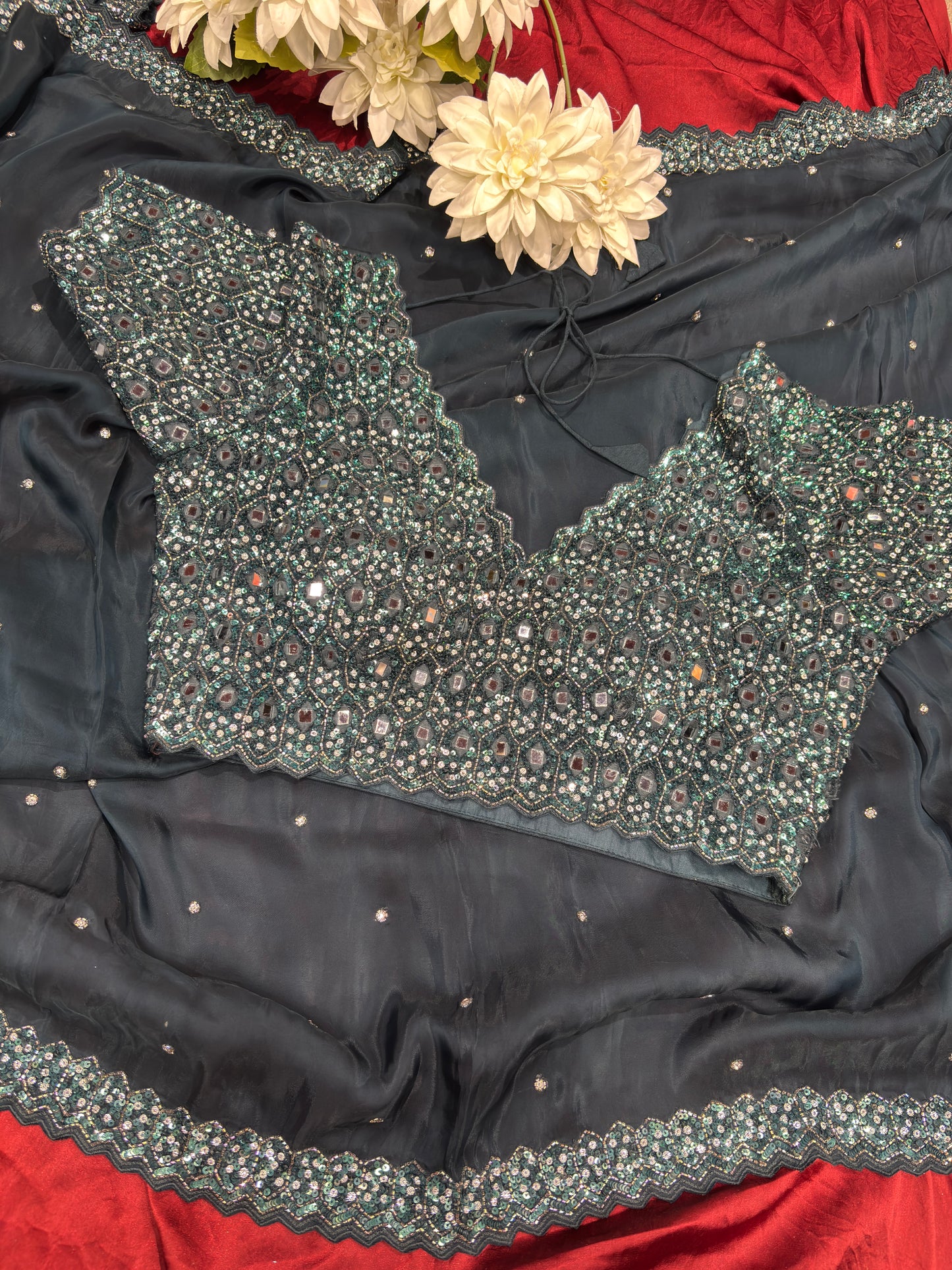 Pastel Teal Saree with Heavy Sequin & Mirror Work Designer Blouse