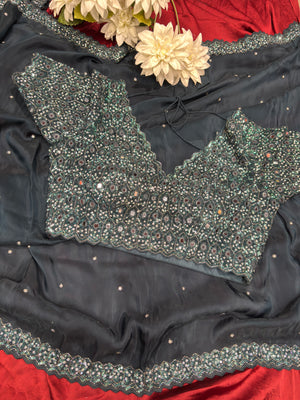 Pastel Teal Saree with Heavy Sequin & Mirror Work Designer Blouse