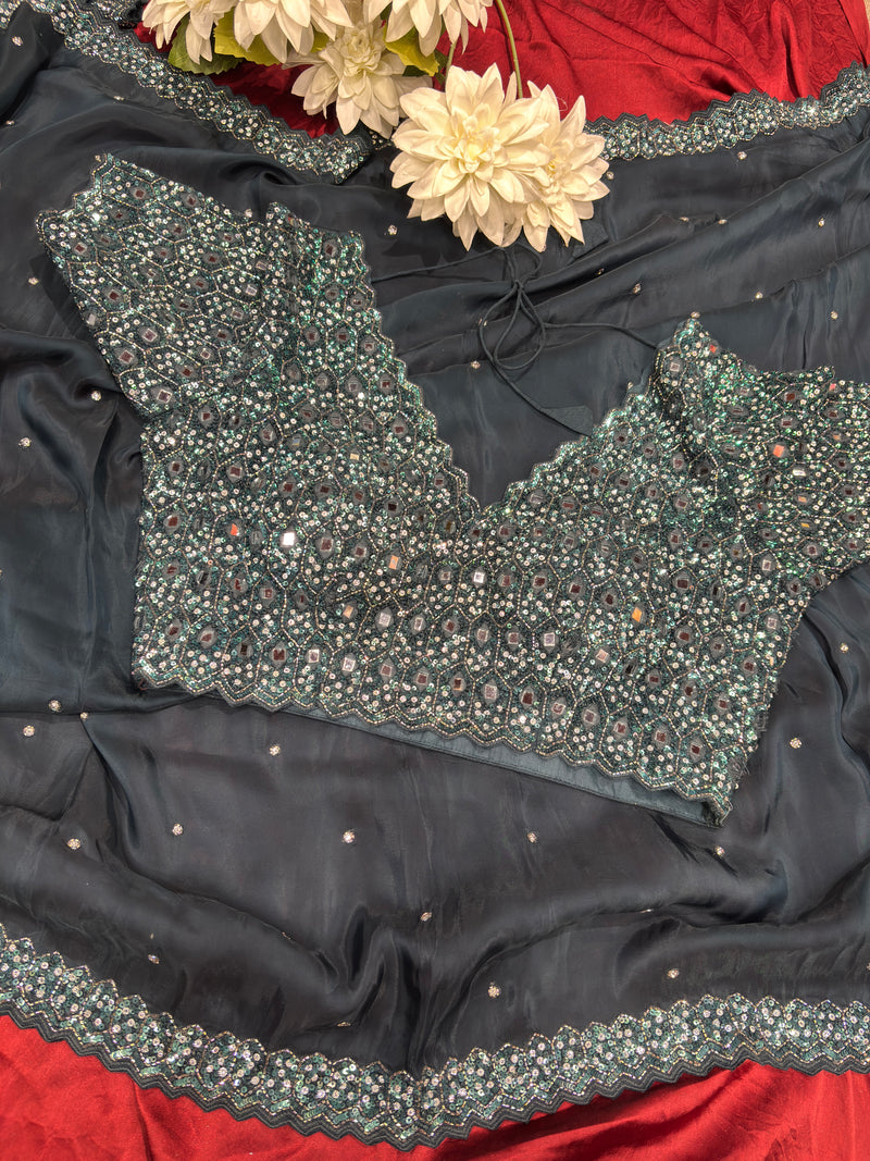 Pastel Teal Saree with Heavy Sequin & Mirror Work Designer Blouse