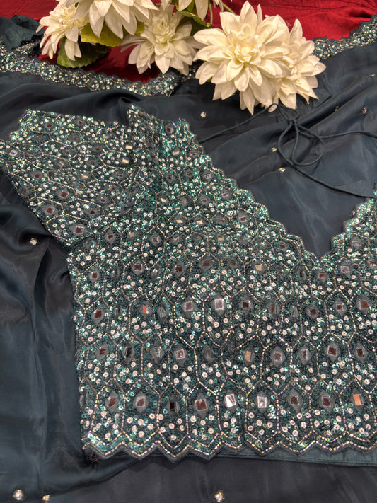 Pastel Teal Saree with Heavy Sequin & Mirror Work Designer Blouse