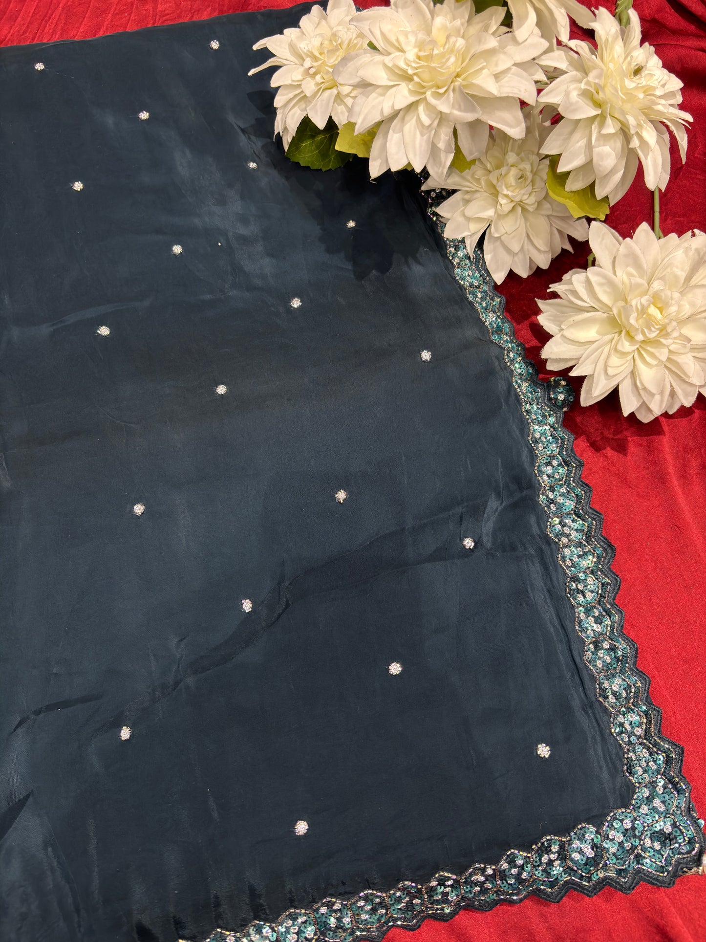 Pastel Teal Saree with Heavy Sequin & Mirror Work Designer Blouse