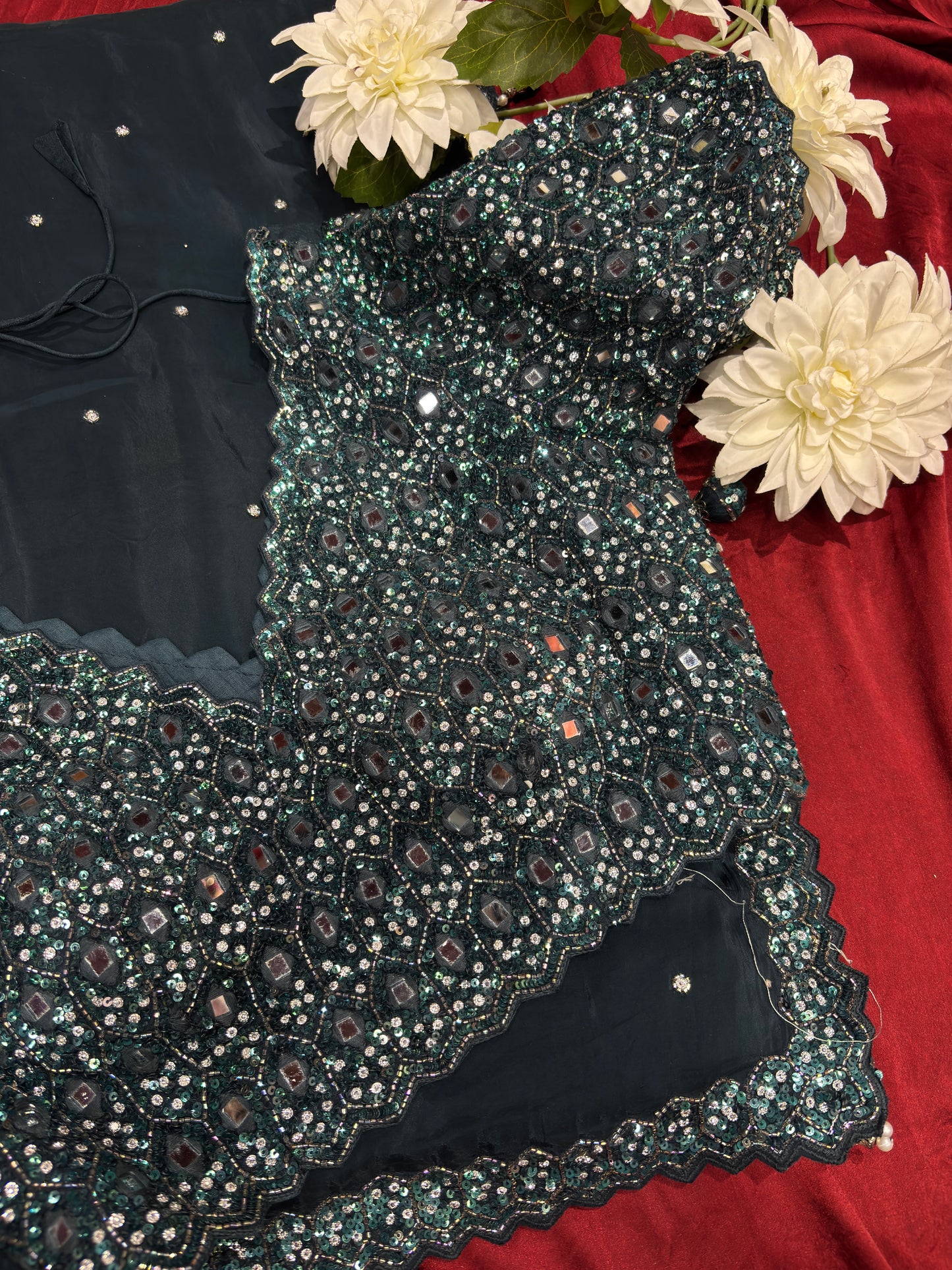 Pastel Teal Saree with Heavy Sequin & Mirror Work Designer Blouse