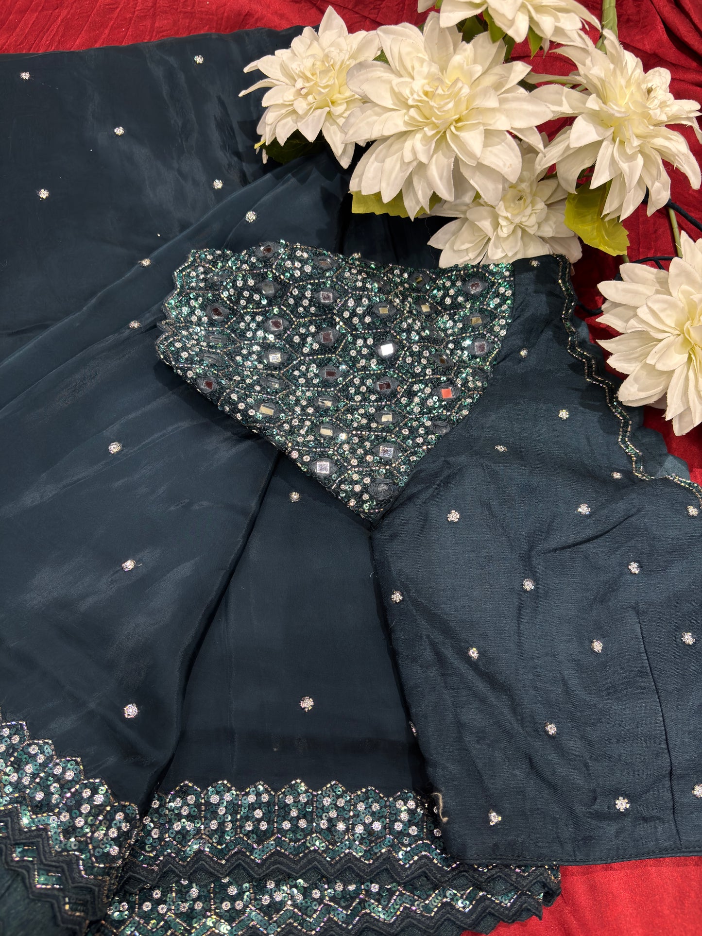 Pastel Teal Saree with Heavy Sequin & Mirror Work Designer Blouse