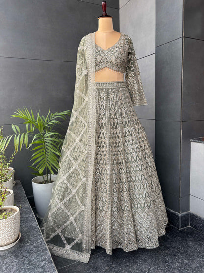 Green Colour Lehenga with Zari & Sequins Work