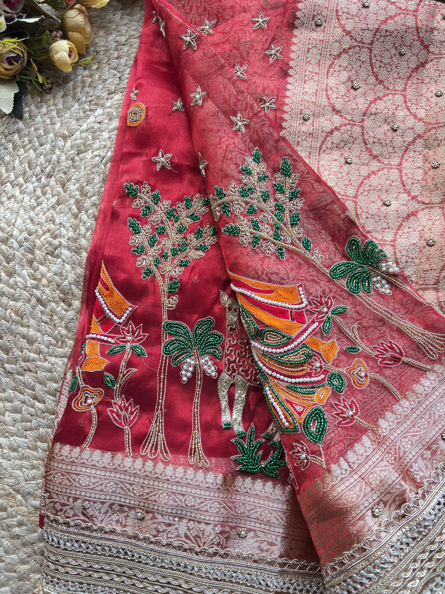 Krishan Leela aree with Peacock Embroidery and Heavy Golden Border