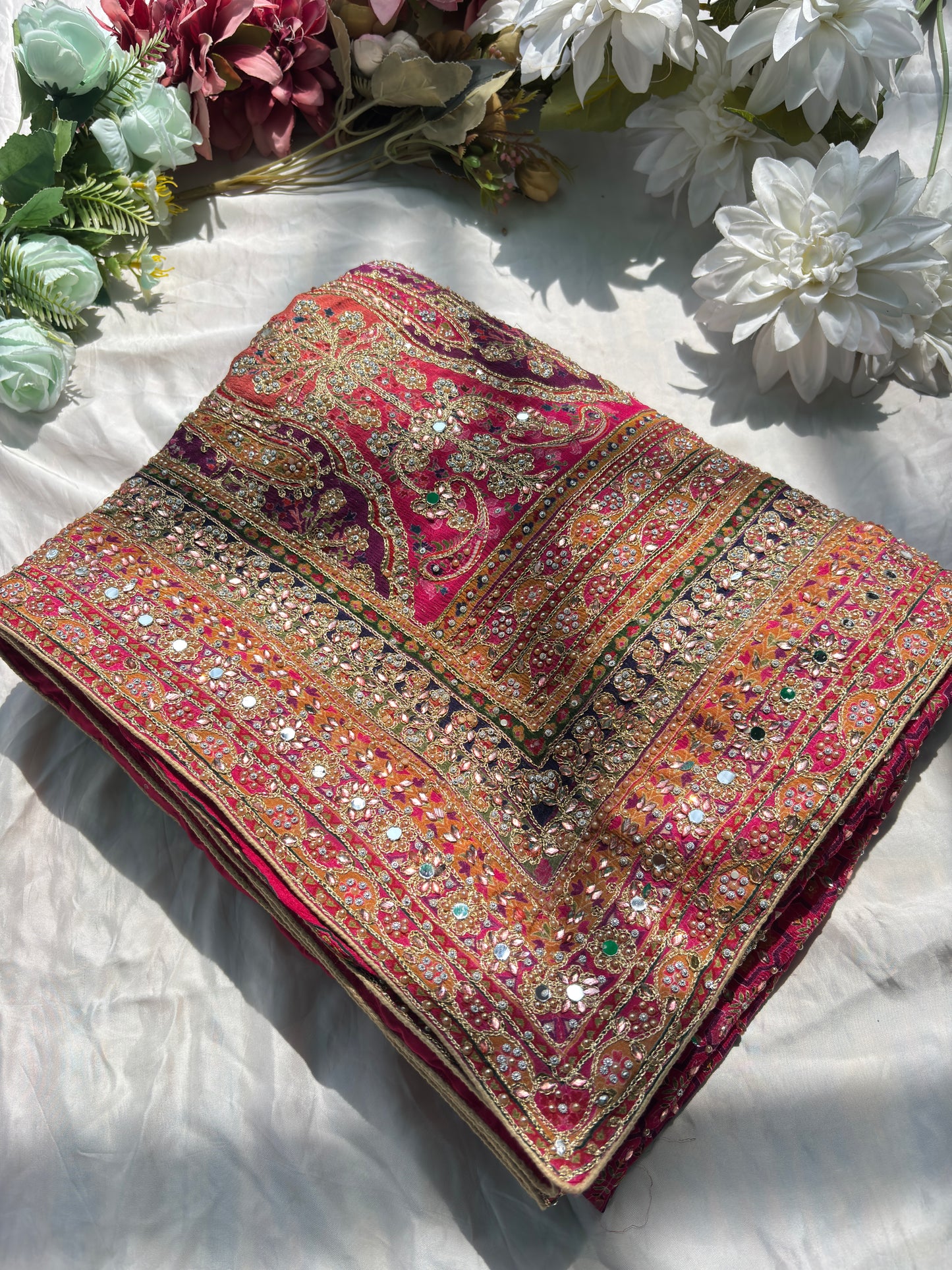 Royal Pink Designer Saree with Heavy Embroidery & Mirror Work Blouse