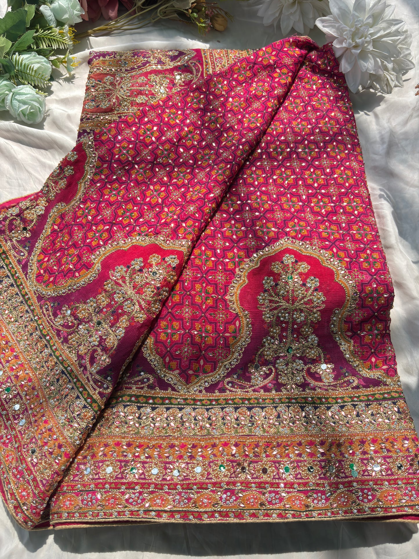 Royal Pink Designer Saree with Heavy Embroidery & Mirror Work Blouse