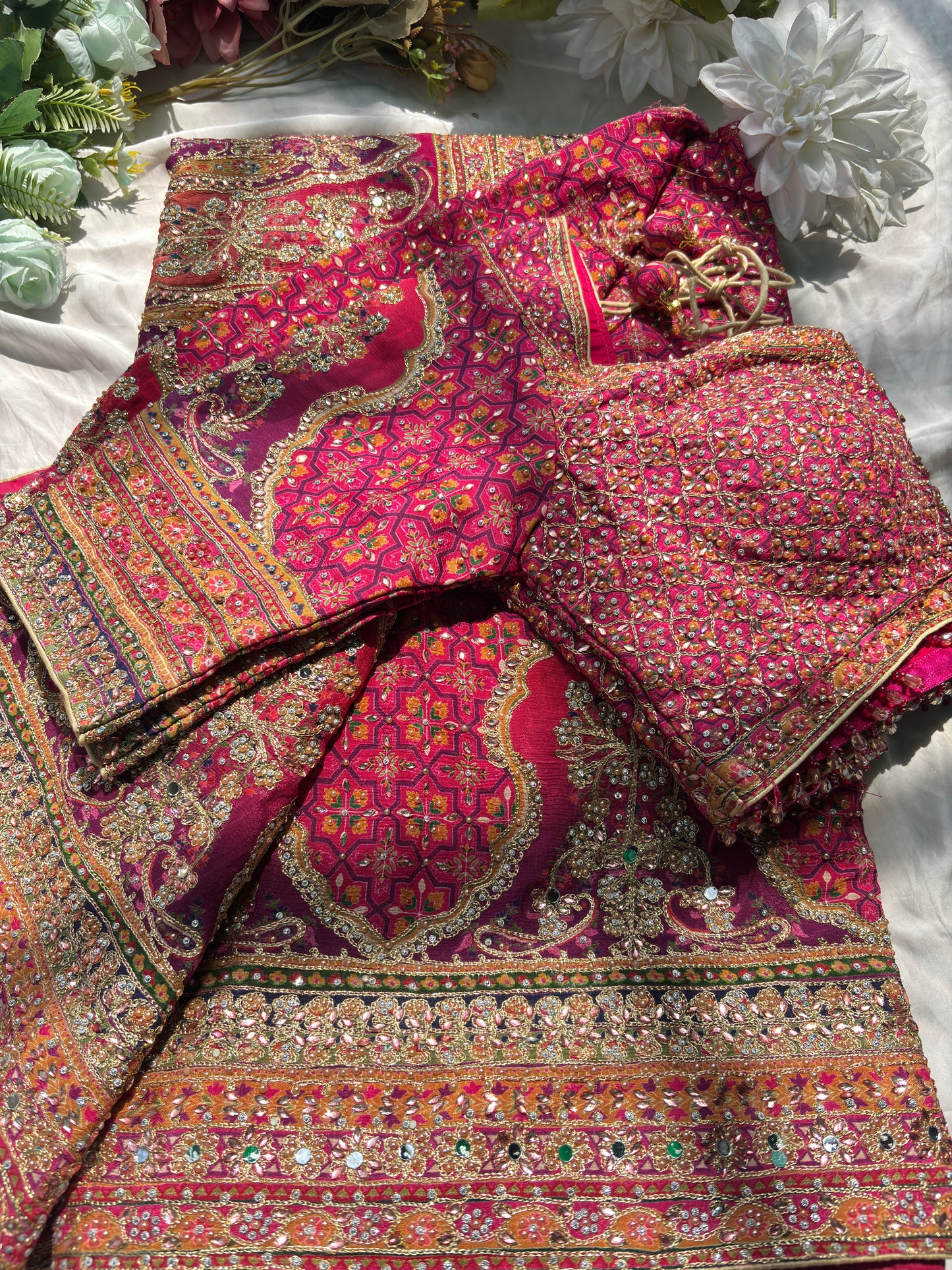 Royal Pink Designer Saree with Heavy Embroidery & Mirror Work Blouse