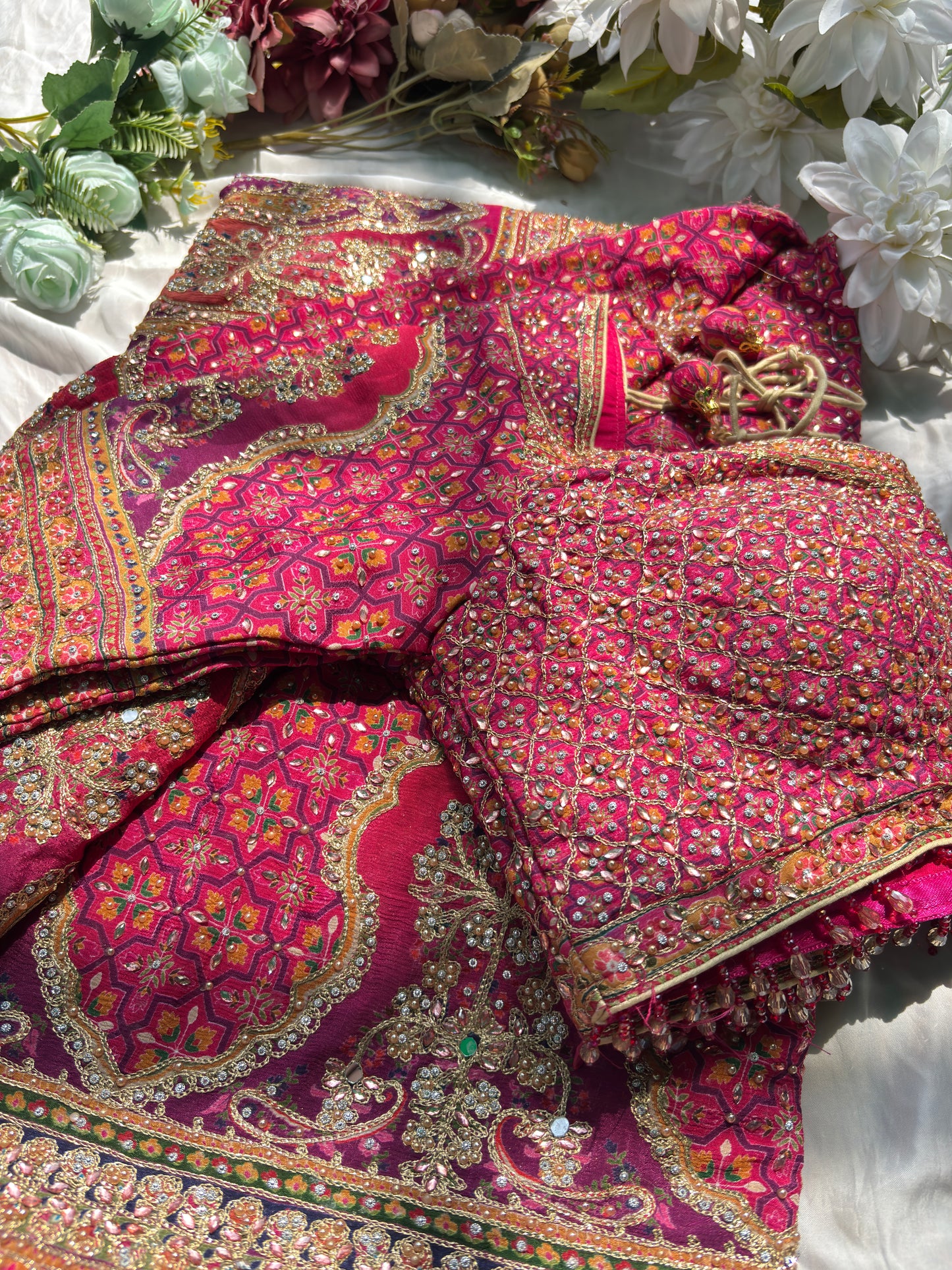 Royal Pink Designer Saree with Heavy Embroidery & Mirror Work Blouse