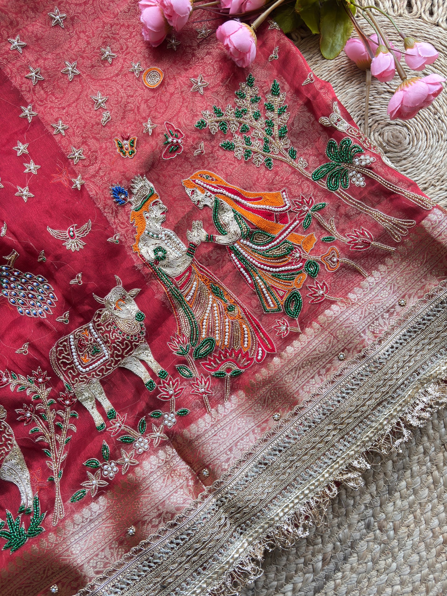 Krishan Leela aree with Peacock Embroidery and Heavy Golden Border
