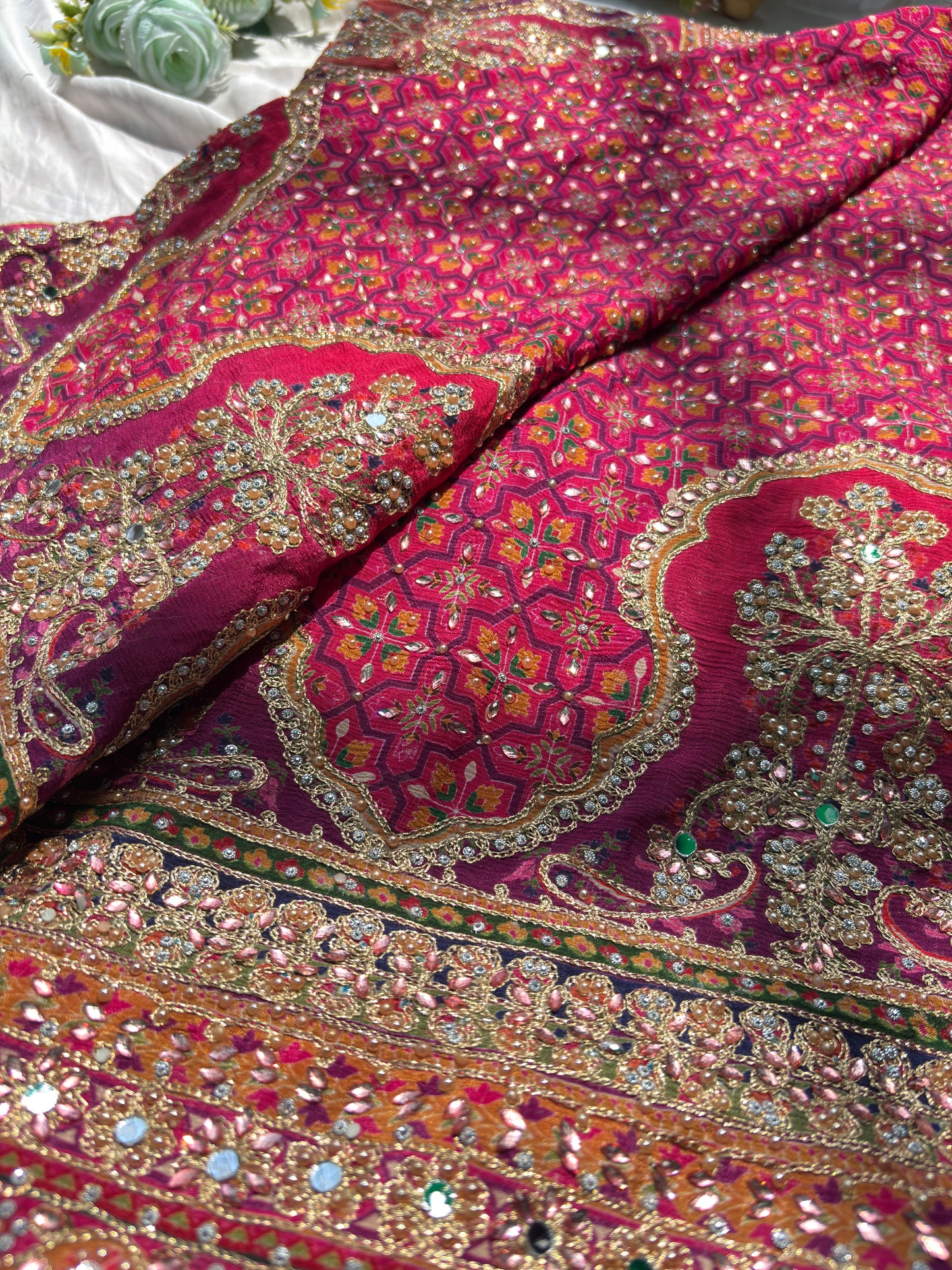 Royal Pink Designer Saree with Heavy Embroidery & Mirror Work Blouse