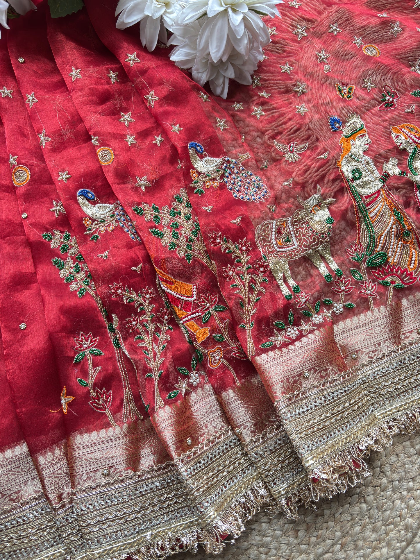 Krishan Leela aree with Peacock Embroidery and Heavy Golden Border