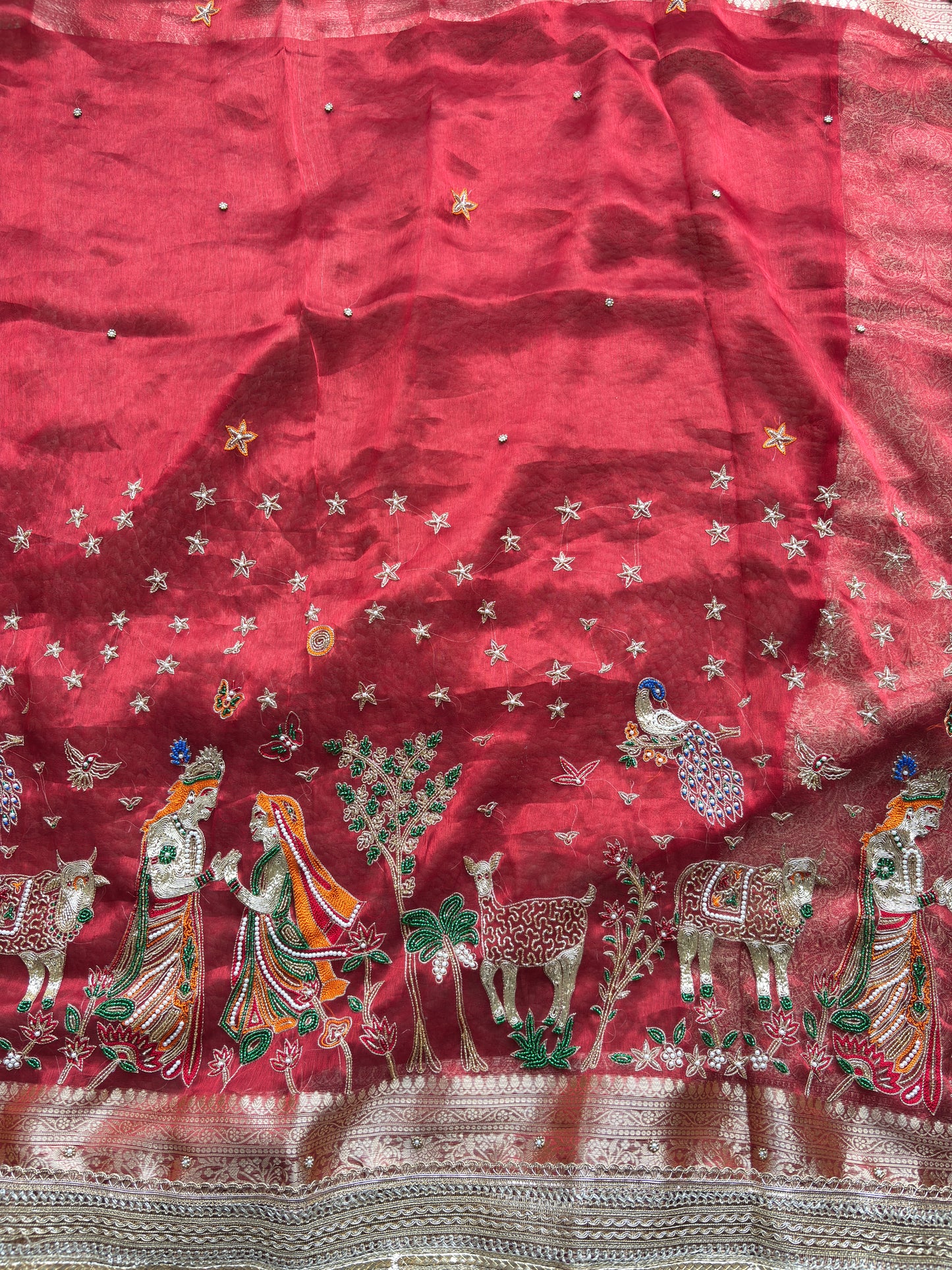 Krishan Leela aree with Peacock Embroidery and Heavy Golden Border
