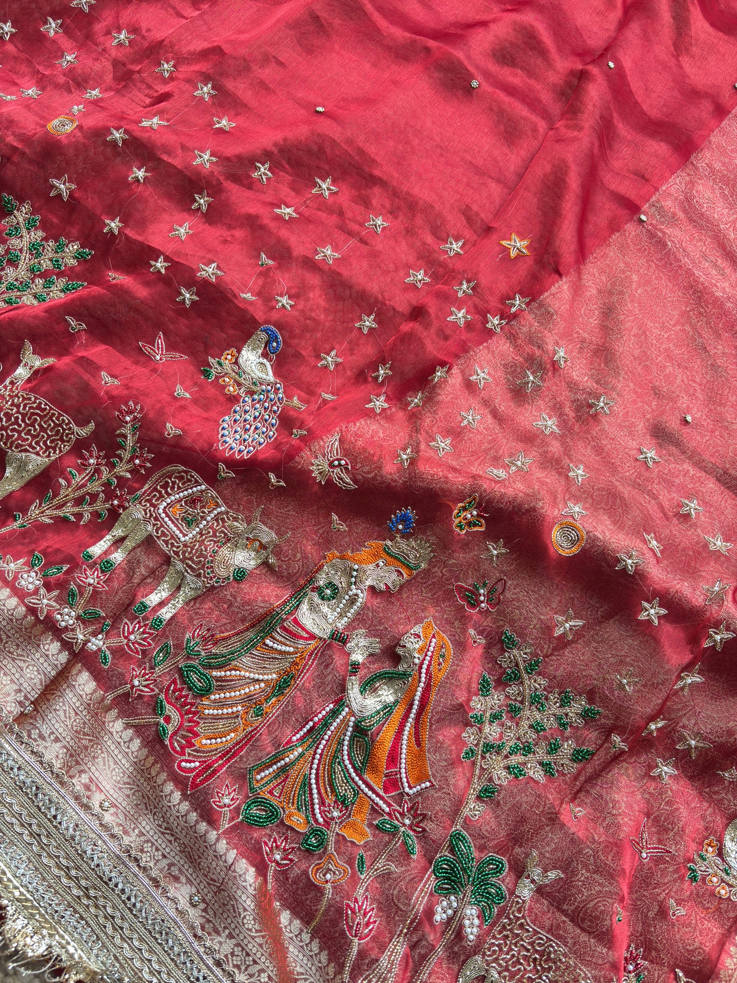 Krishan Leela aree with Peacock Embroidery and Heavy Golden Border
