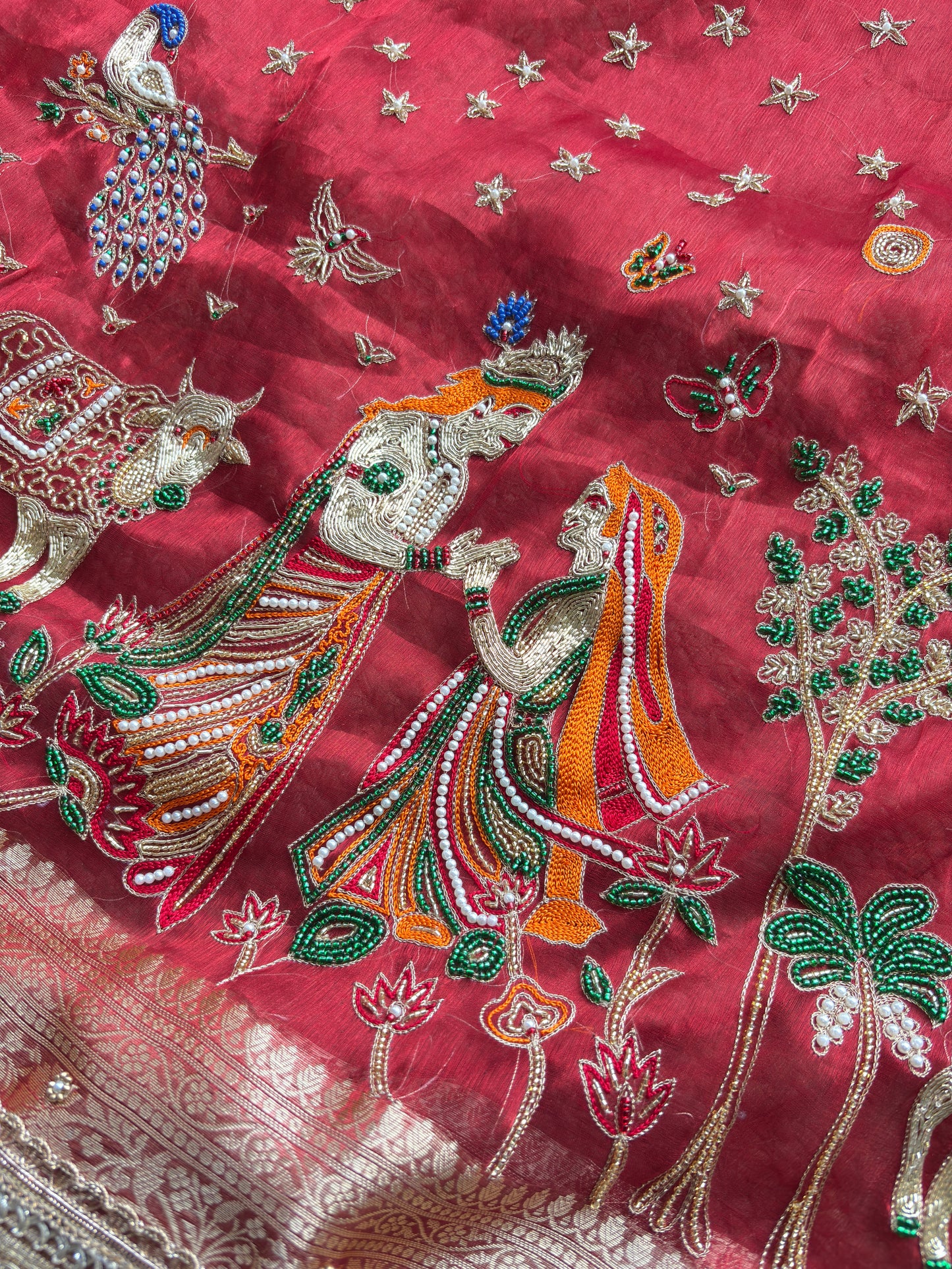 Krishan Leela aree with Peacock Embroidery and Heavy Golden Border