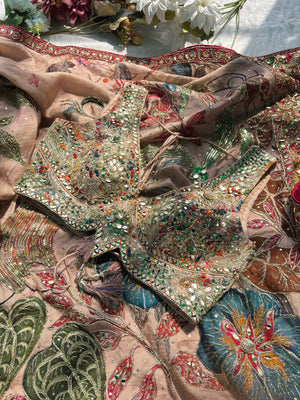 Designer Saree with Floral Print & Heavy Mirror Work Blouse