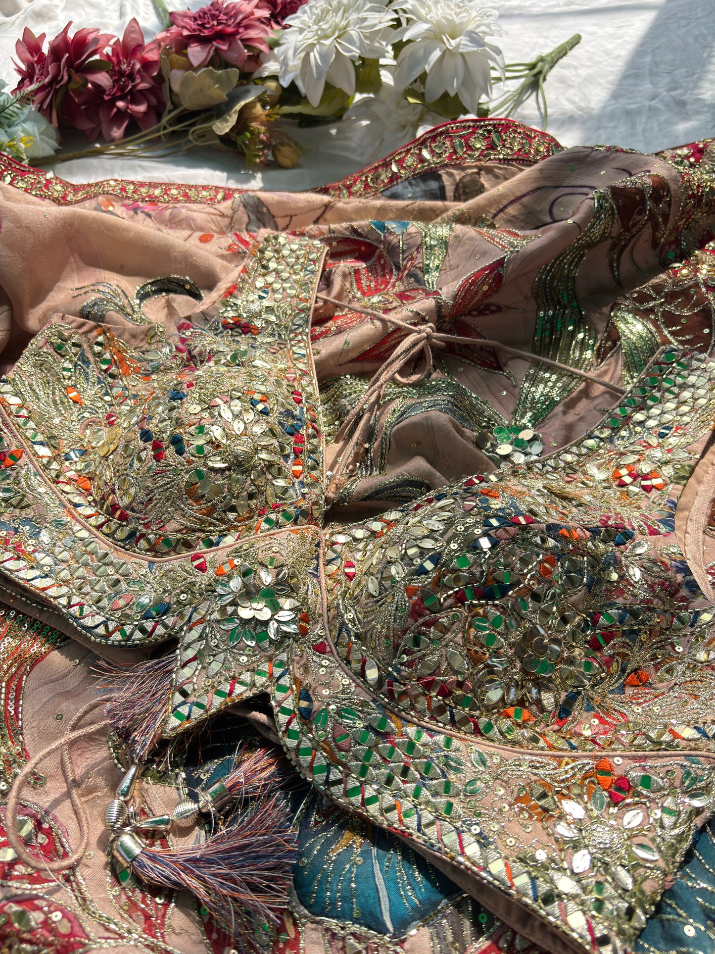 Designer Saree with Floral Print & Heavy Mirror Work Blouse