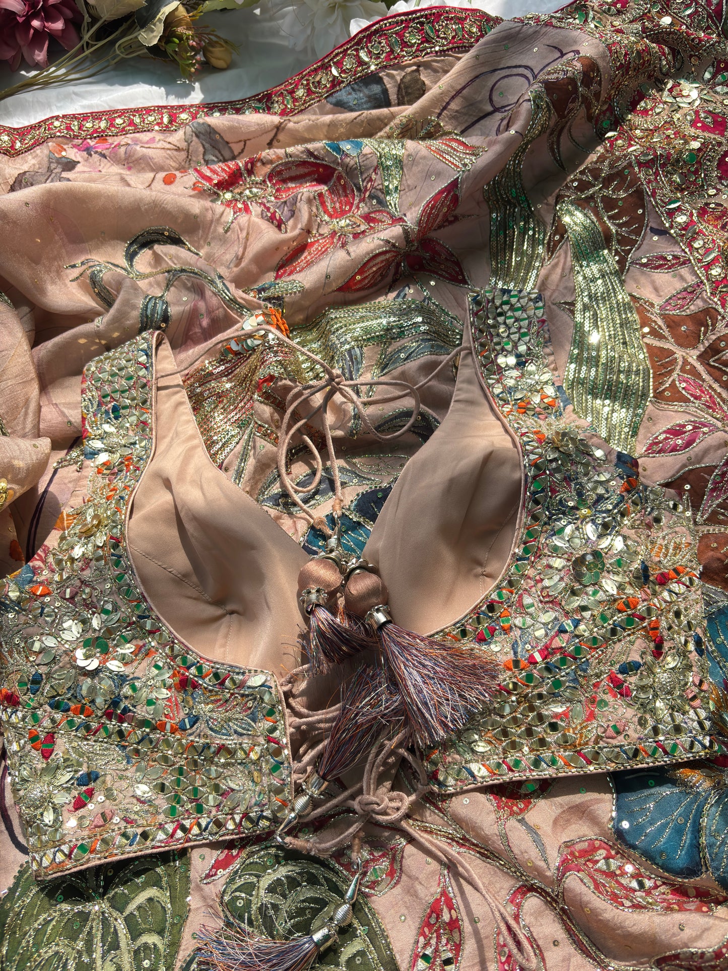 Designer Saree with Floral Print & Heavy Mirror Work Blouse